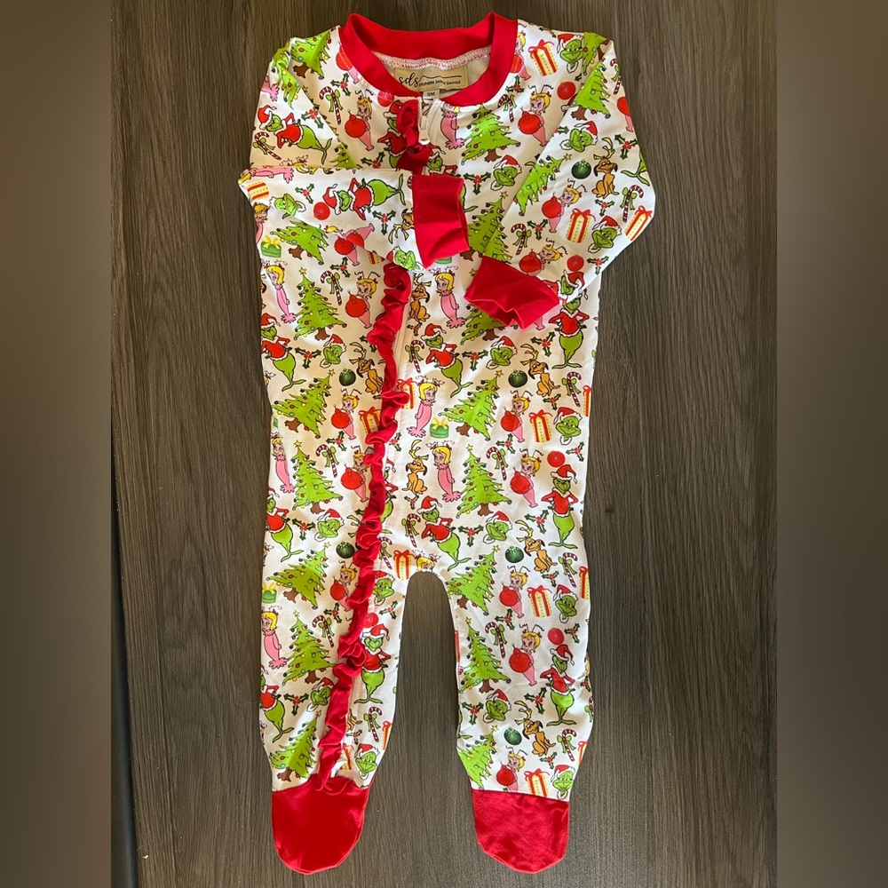 Southern Darlin’ Smocks Grinch Ruffle Footed Sleeper